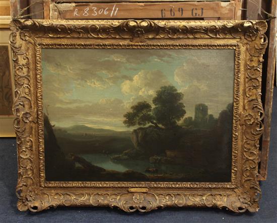 Attributed to Richard Wilson (1714-1782) River landscape with hilltop castle 16.5 x 23.25in.